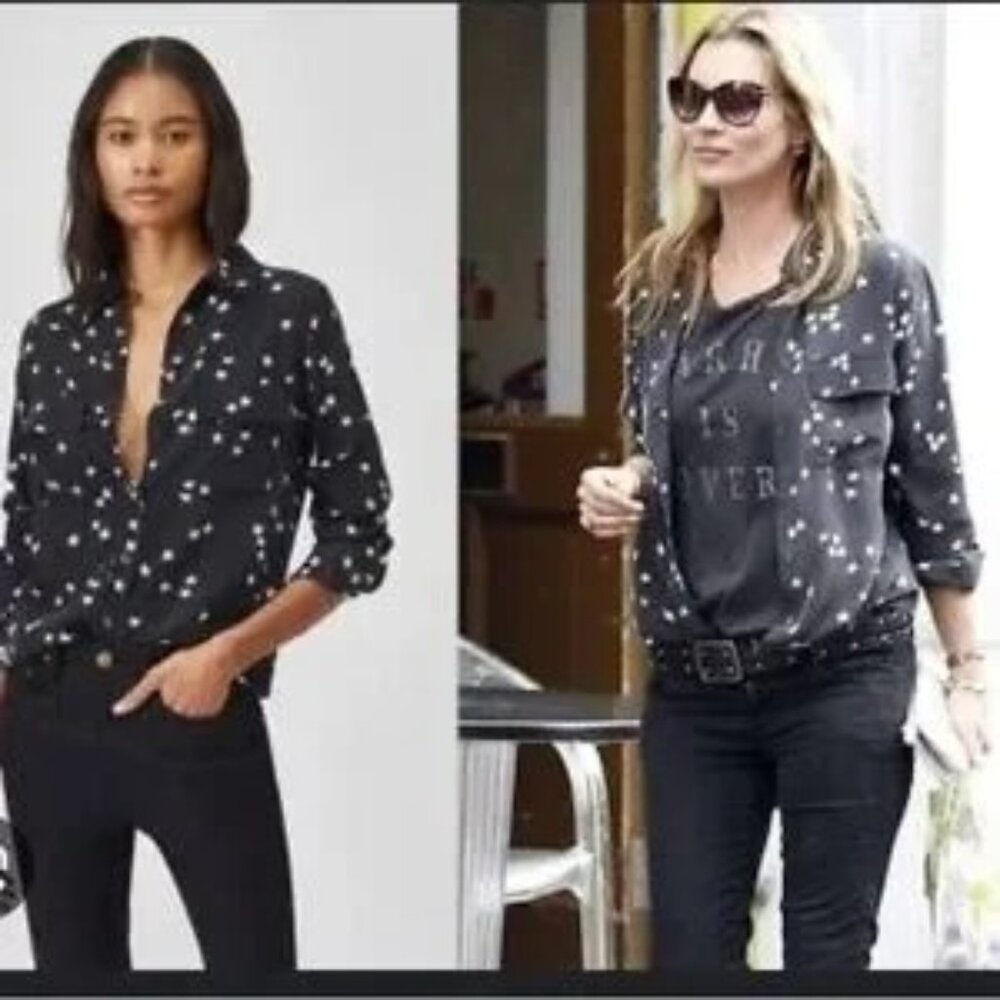 Equipment | Slim Signature Star Print Black Silk Shirt Top Blouse
